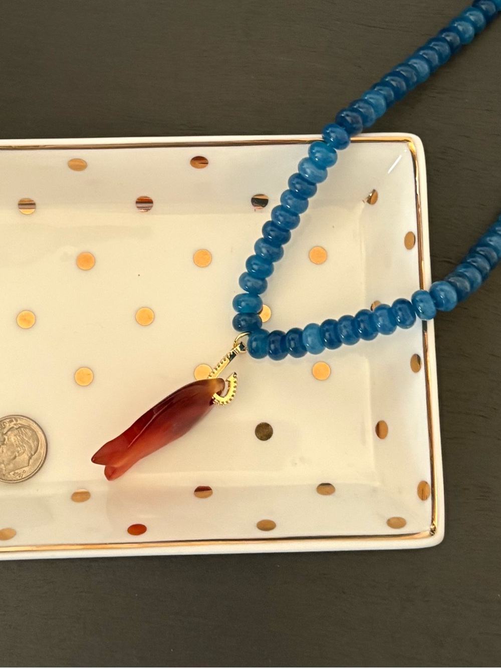 New Anthropologie Ocean Blue Beaded Necklace w/ Carnelian Fish Pendant - Picture 5 of 6